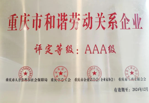 重庆中讯控股集团荣获重庆市和谐劳动关系AAA级企业称号